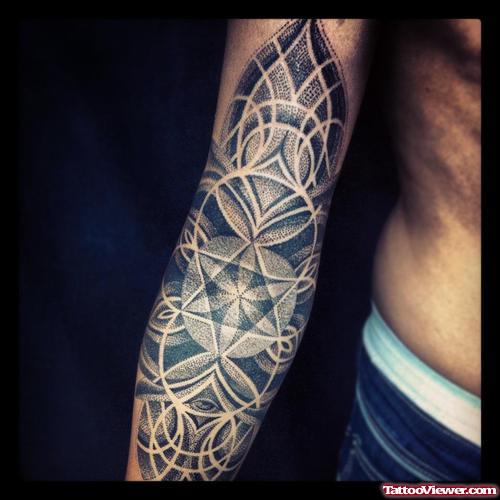 Grey Ink Mandala Flower Tattoo On Right Arm
