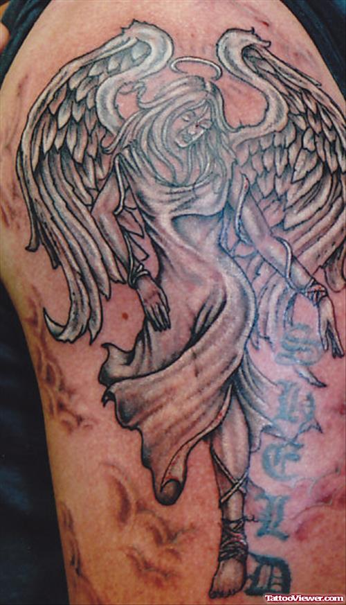 Grey Ink Angel Arm Tattoo On Half Sleeve