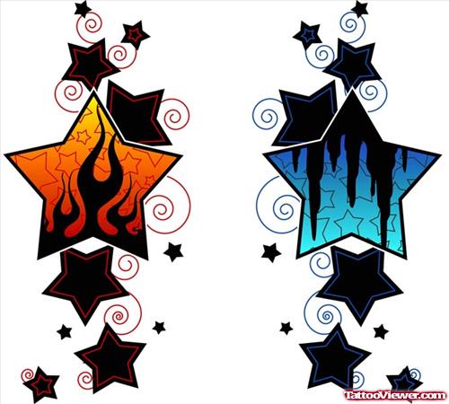 Black And Colored Stars Tattoo Designs