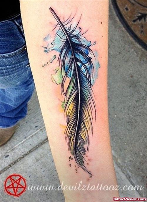 Awesome Colored Feather Arm Tattoo