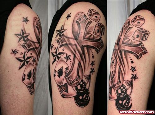 Grey Ink Nautical Star and Cross Arm Tattoo