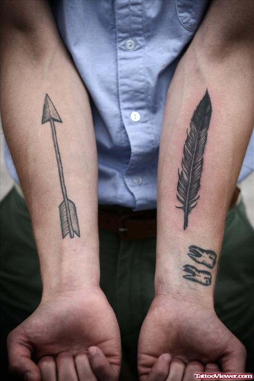 Grey Ink Feather And Arrow Tattoos On Both Arms