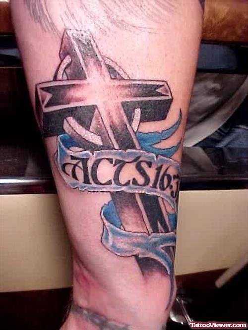 Grey Ink cross Tattoo On Man Right Arm