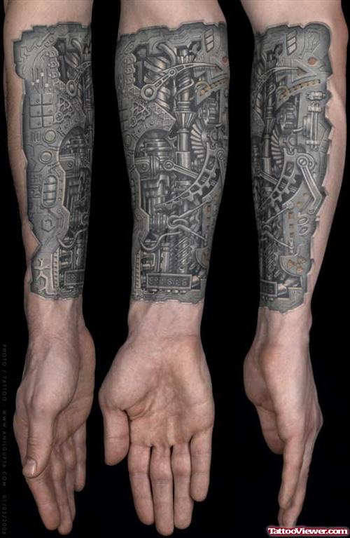 Grey Ink Biomechanical Tattoo On Left Arm