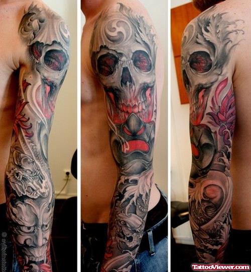 Grey Ink 3d Skull Arm Tattoos