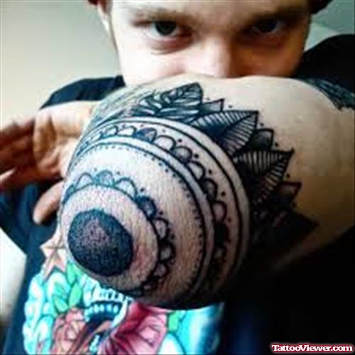 Grey Ink Mandala Flower Tattoo On Left Arm