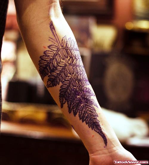 Grey Ink Large Leaf Tattoo On Left Arm