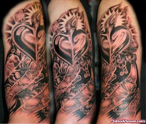 Grey Ink Flowers Tattoos On Left Arm