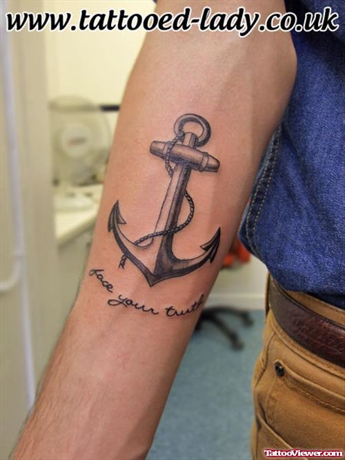 Grey Ink Anchor Tattoo On Right Arm