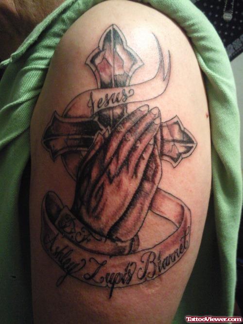 Cross And Praying Hands Tattoo On Left Arm