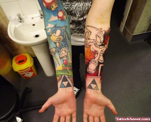 Colored Sonic Tattoos On Both Arm