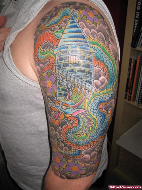 Colored Dragon Tattoo On Left Arm For Men