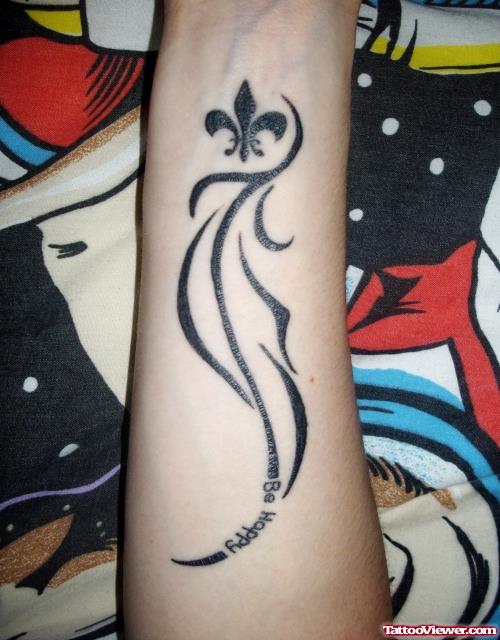 Black Tribal And Fleur De Lis Tattoo On Arm