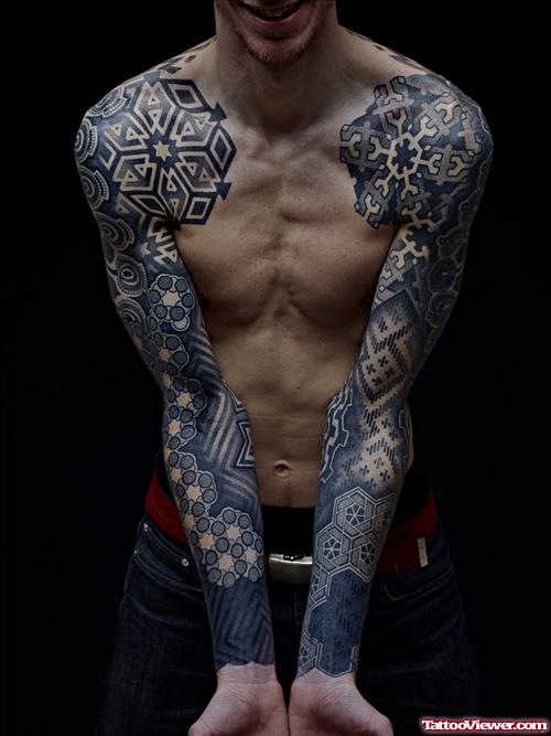Black Ink Geometric Dotwork Tattoo On Both Arms