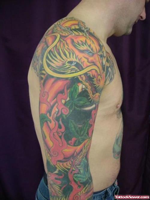 Amazing Colored Dragon Tattoo On Man Right Arm