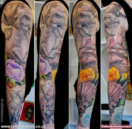Grey Ink Dinosaur Arm Tattoo