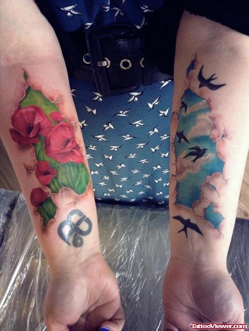Flowers And Flying Birds Tattoos On Both Arms