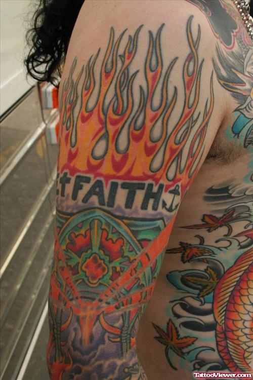 Flaming Faith Bannrt Arm Tattoo