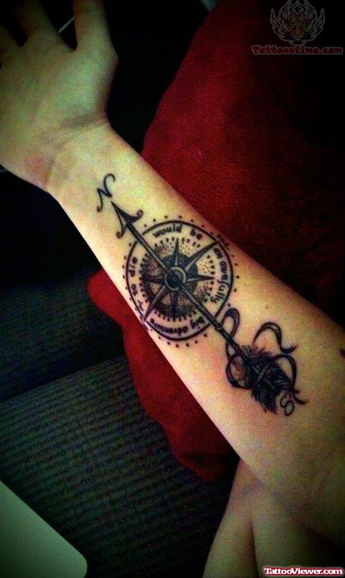 Compass And Arrow Tattoo On Right Arm