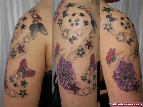 Butterfly Flower and Stars Arm Tattoo