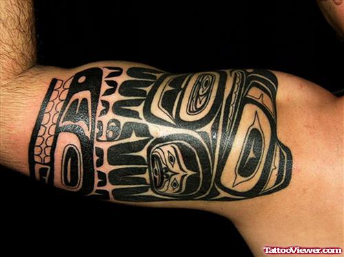 Black Ink Arm Tattoo On Half Sleeve