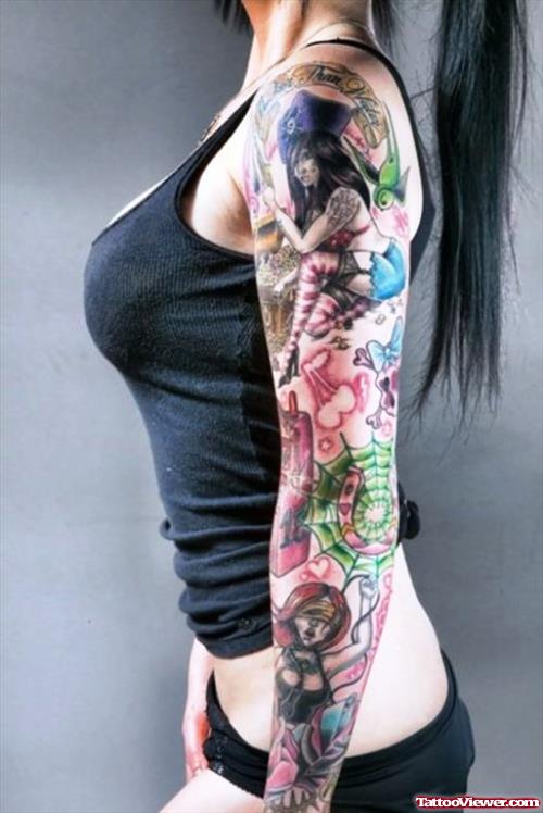 Amazing Colored Tattoo On Girl Left Arm