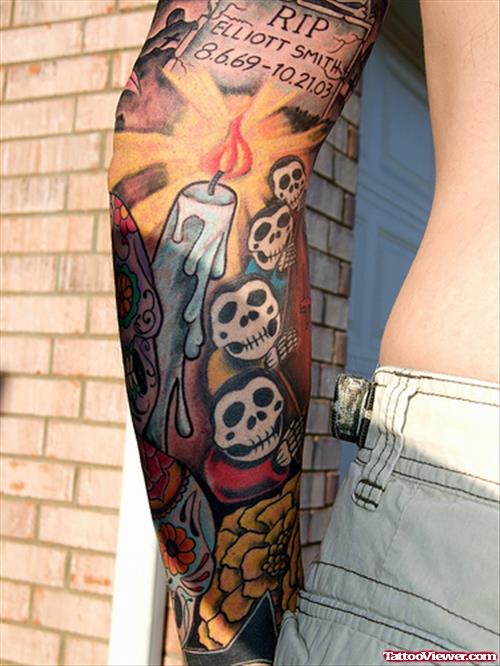 Burning Candle And Nightmare Tattoo On Arm