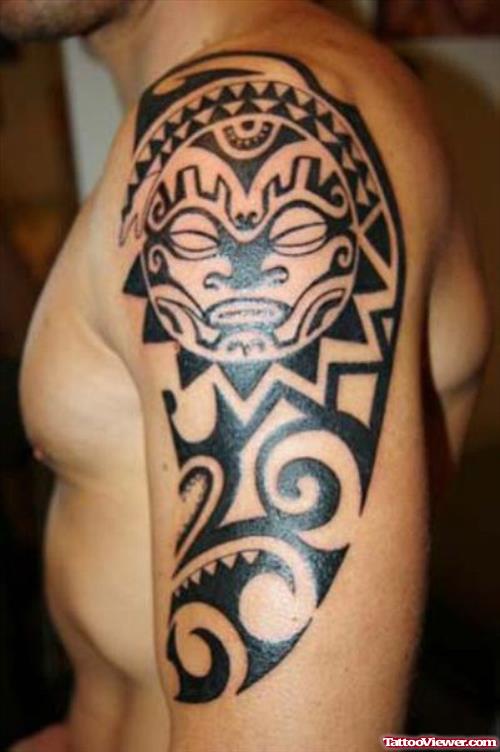 Black Tribal Tattoo On Left Half Sleeve