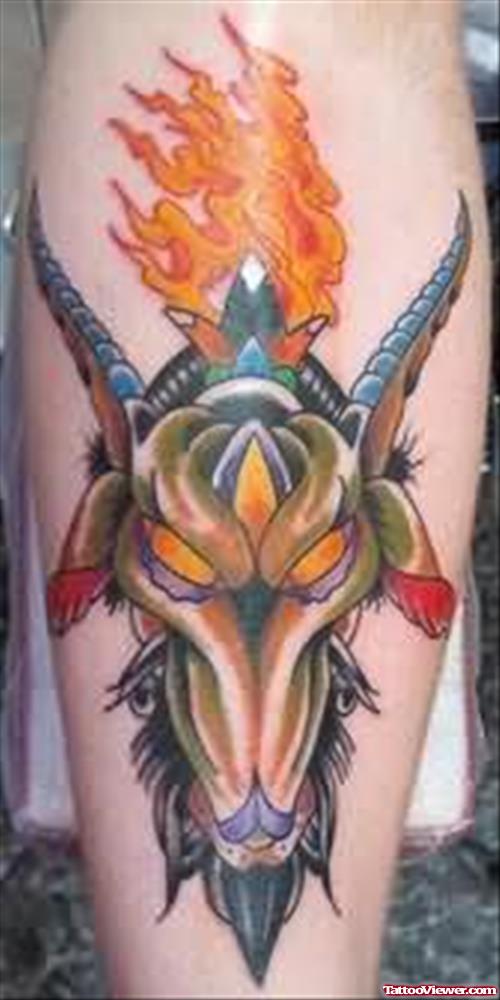 Goat Head & Flames Tattoo On Arm