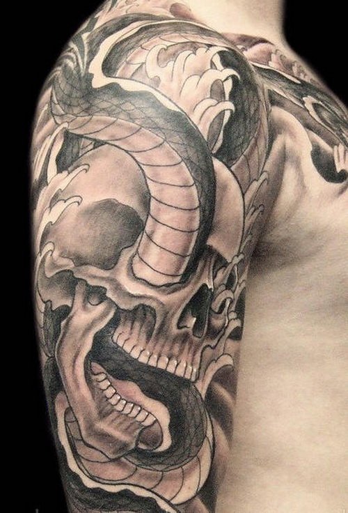 Grey Ink Snake And Skull Tattoo On Right Arm
