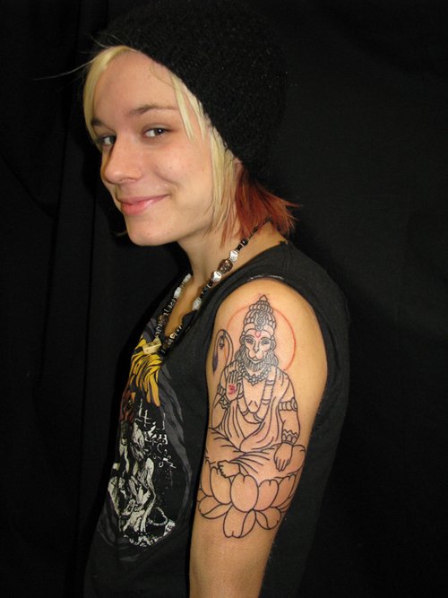 Grey Ink Lord Hanuman Tattoo On Left Arm