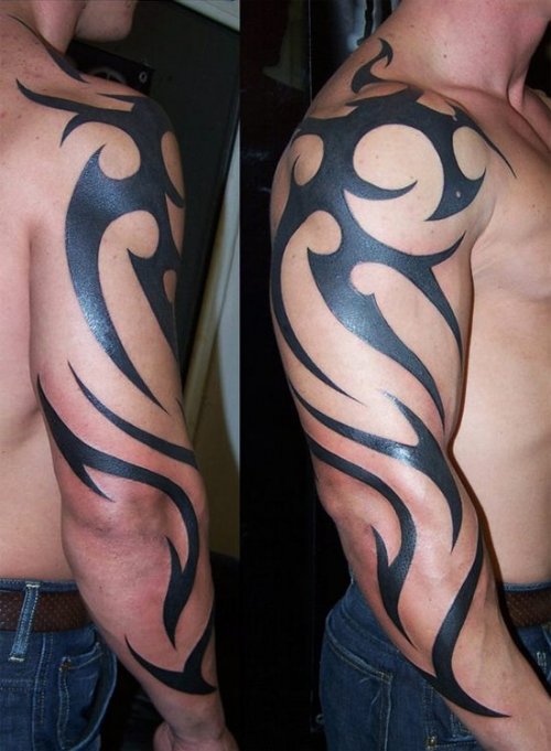 Latest Black Ink Tribal Tattoo On Right Arm