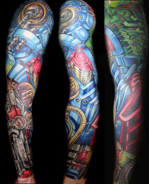 Colored Biomechanocal Tattoo On Arm
