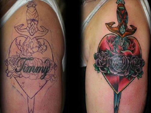 Dagger Heart Colored Arm Tattoo