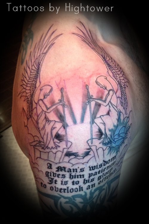 Grey Ink Angels And Script Tattoo On Arm