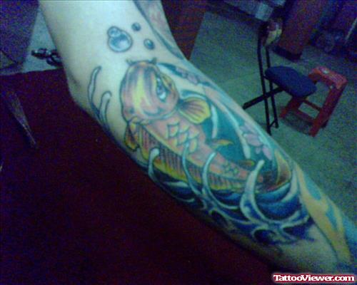 Colored Fish Armband Tattoo On Left Arm