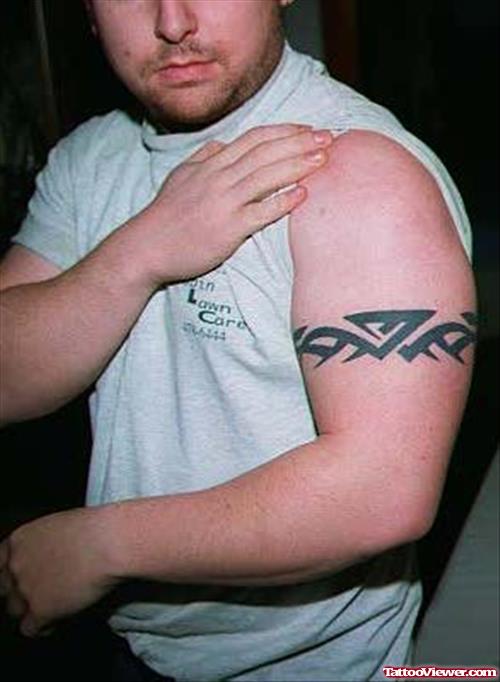 Best Black Ink Tribal Armband Tattoo On Left Half Sleeve