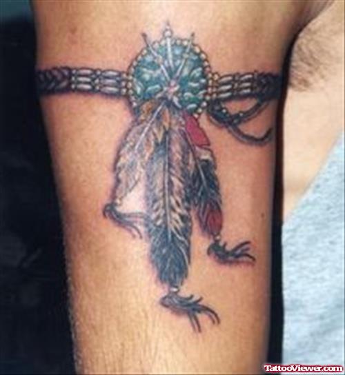 Grey Ink Native Feathers Armband Tattoo