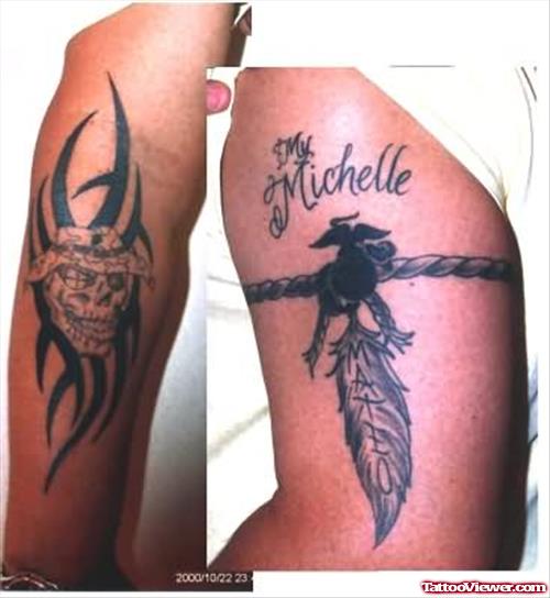 Grey Ink Feather Armband Tattoo On Half Sleeve