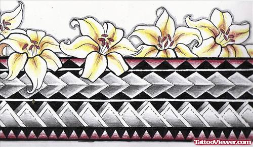 Color Flowers And Polynesian Armband Tattoo