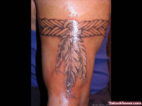 Attractive Grey Ink Feather Armband Tattoo Design