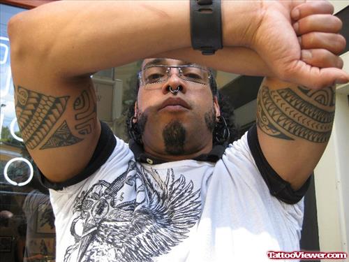 Grey Ink Polynesian Armband Tattoos