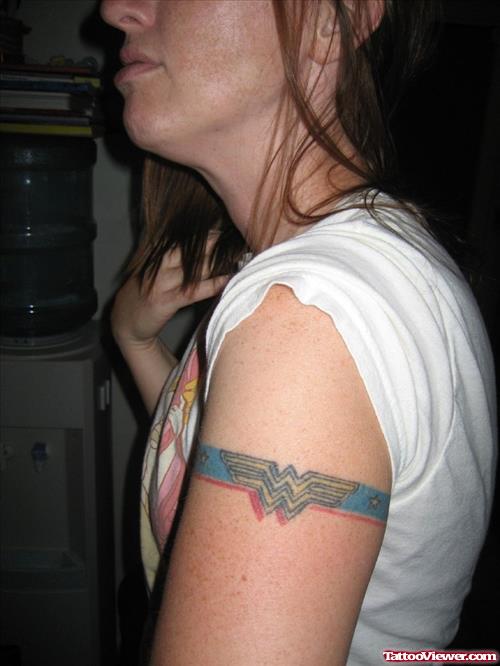 Colored Armband Tattoo On Left Bicep