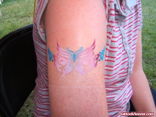 Pink And Blue Armband Tattoo On Right Bicep