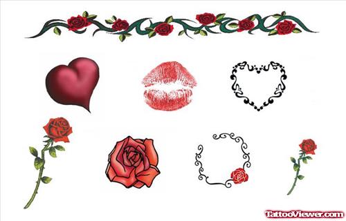 Red Heart And Rose Flower Armband Tattoos Designs
