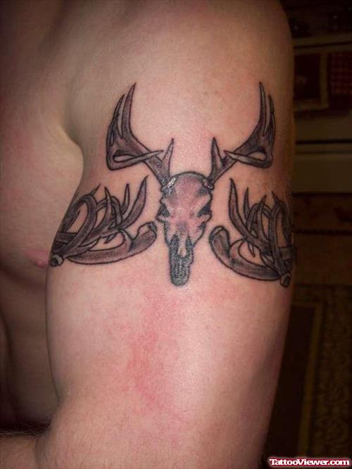 Grey Ink Tribal And Deer Armband Tattoo On Half Sleeve