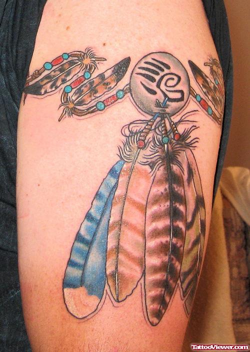 Colored Feathers Armband Tattoos On Half Sleeve