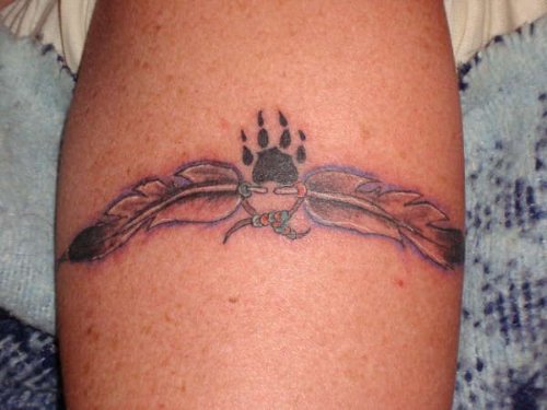 Grey Ink Feathers And Paw Print Armband Tattoo