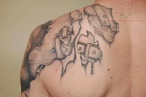 Rip Skin Armour Tattoo On Shoulder