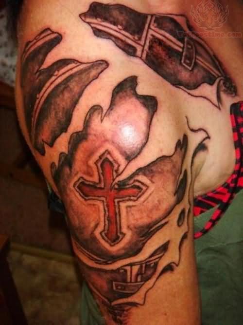 Cross Ripped Skin Armor Tattoo